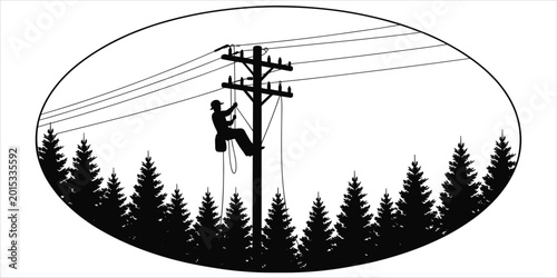 Foto Silhouette of Lineman Working on Utility Pole Amidst Pine Trees in Oval Frame Ke