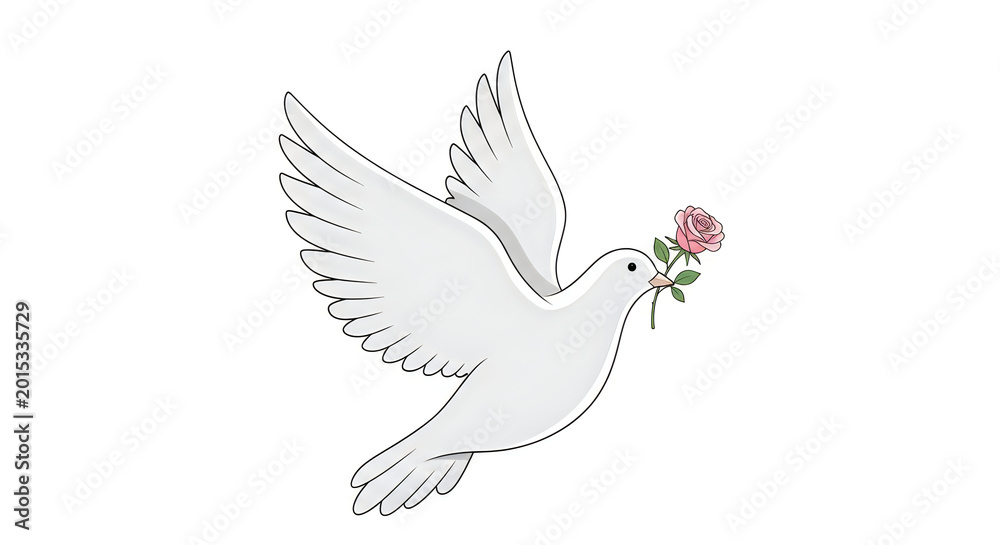 Fototapeta premium Dove flying gracefully carries a small pink rose in its beak as a symbol of gentle affection and peace.