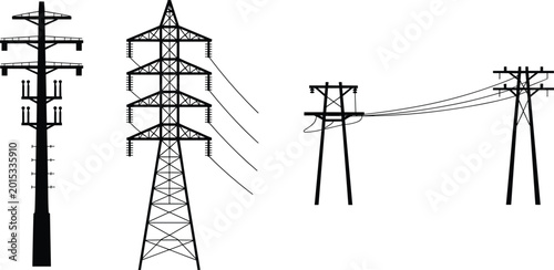 Bild auf Leinwand Silhouettes of various electricity transmission towers and poles with wires Keyw