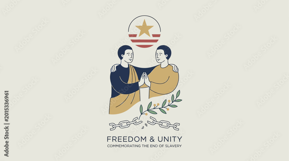 Fototapeta premium Military personnel in uniform holding hands under freedom and unity emblem with laurel wreath