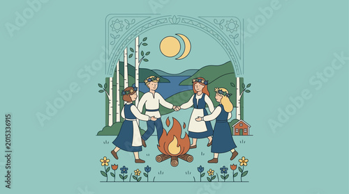 Family in traditional clothing gathering around campfire under northern lights in Scandinavian landscape
