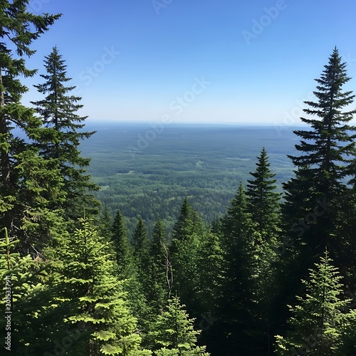 Lush green forest stretches to horizon under clear blue sky