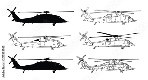 Bilde på lerret Helicopter silhouettes and line drawings on a white background