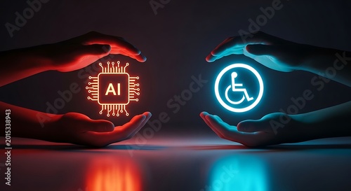 3d rendering of glowing ai and accessibility icons on futuristic spheres