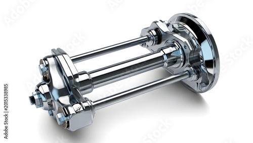 Isolated chrome metal dumbbell weights on a white background for gym fitness training and bodybuilding strength exercise