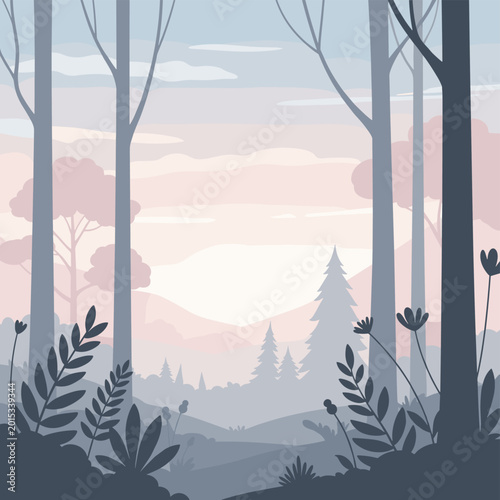 Stylized illustration of a serene forest with tall trees and misty mountains at dawn.