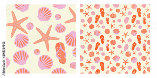 Bild auf Leinwand Seashell starfish and flip flop pattern on a pale yellow background