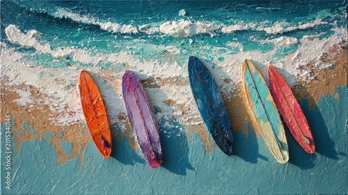 Vibrant impasto oil painting of colorful surfboards lined up on a sandy beach with crashing turquoise ocean waves using thick palette knife texture for a 3D artistic summer effect.