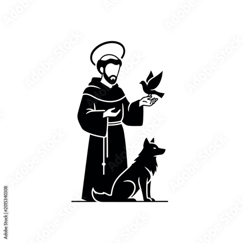 Saint Francis of Assisi with a bird and a dog.