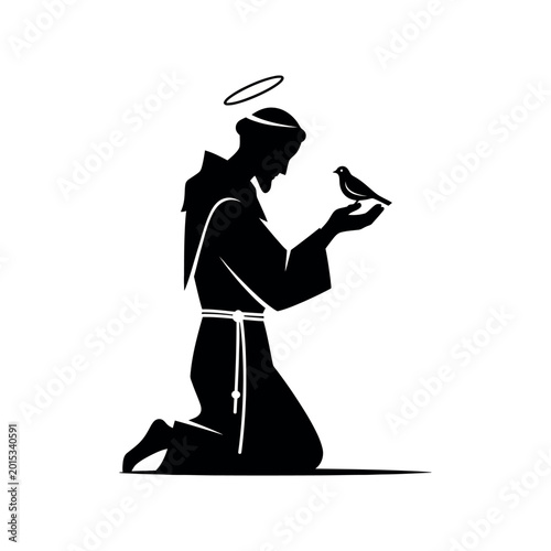 Silhouette of Saint Francis of Assisi kneeling with a bird on his hand.