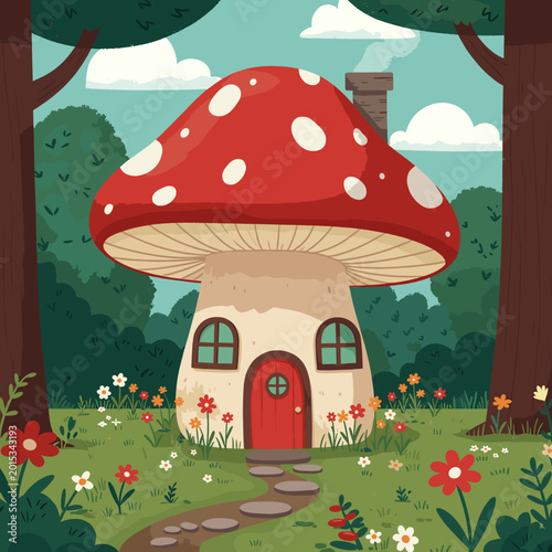 A whimsical mushroom house with a red cap and white spots, nestled in a lush green forest clearing with a stone path leading to its red door.