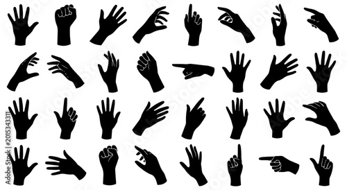Canvastavla Multiple human hand silhouettes showing various gestures and positions isolated