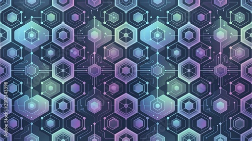 Seamless Futuristic Hexagon Circuit Pattern Background With Pastel Neon Network Lines, Modern Digital Technology Abstract Design