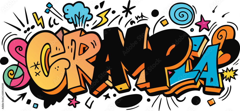Fototapeta premium Graffiti style lettering design featuring word scrampla with vibrant colors and various doodles art.