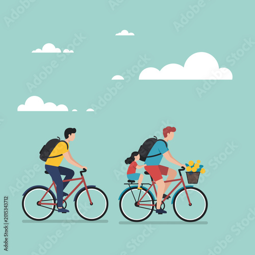 Two men cycling with one carrying a child and flowers, enjoying a leisurely ride under a blue sky with clouds.