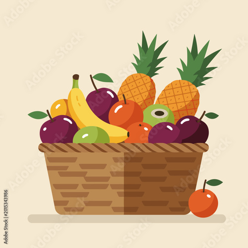 A colorful illustration of a woven basket overflowing with a variety of fresh fruits including bananas, pineapples, apples, plums, and citrus.