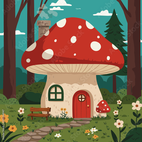 A whimsical mushroom house with a red cap and white spots, nestled in a vibrant forest clearing with a stone path, flowers, and a wooden bench.