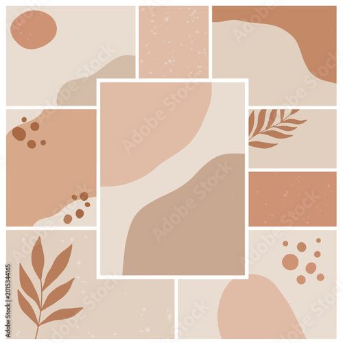 A collage of abstract minimalist designs featuring organic shapes, botanical elements, and textured backgrounds in earthy neutral tones.
