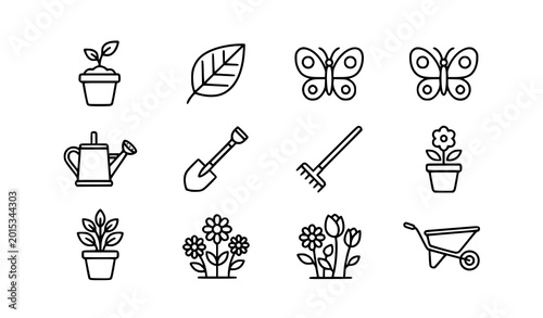 Modern spring gardening outline icon set flower nature and garden tools vector isolated on white background