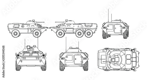 Obraz na płótnie Armored vehicle line drawings various views white background