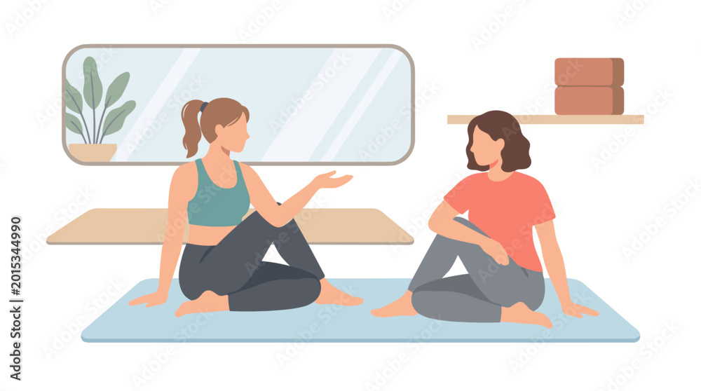 Fototapeta premium Two Women Practicing Yoga in Studio Upon Mats.