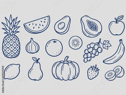 Fotografi Fruit collection naive hand drawn vector illustration - stock graphic