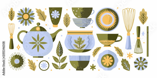 Tea set and botanicals colorful vector illustration on white background