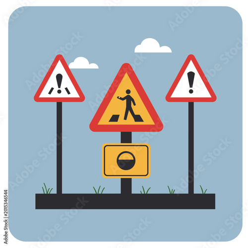 Illustration of three red triangular warning road signs, including general danger and road work ahead, set against a blue sky with clouds.