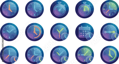 Фотография Clock and Calendar Icon Set with Stopwatch, Hourglass, and Time Management Symbo