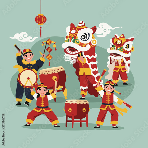 Children performing a vibrant traditional Chinese lion dance with drums and lanterns, celebrating cultural festivities.