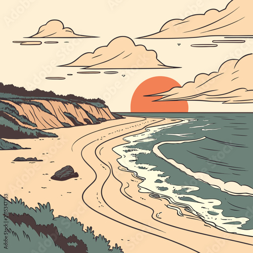 Tablou pe pânză Sunset landscape over coastal cliffs and sandy beach with rolling waves