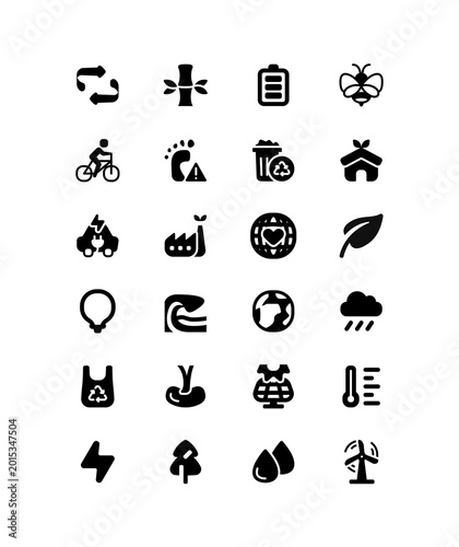 Eco Green Solid Icon Set, Sustainability Environment Glyph Symbol Bundle Vector, Recycle Energy Leaf Nature UI Design Illustration