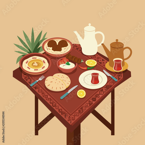 A beautifully laid out Middle Eastern meal featuring hummus, falafel, pita bread, and tea, perfect for sharing.