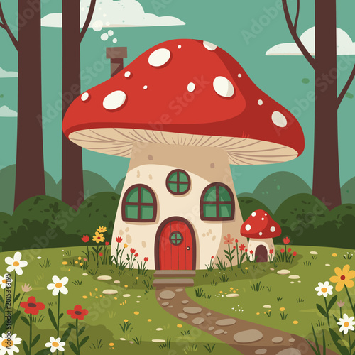 Whimsical cartoon illustration of a charming mushroom house with a red spotted cap, nestled in a vibrant forest clearing with a winding path and colorful wildflowers.