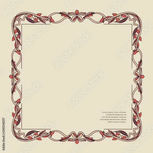 An ornate, vintage-style decorative border with floral and vine motifs in muted red and beige tones, framing a blank space.