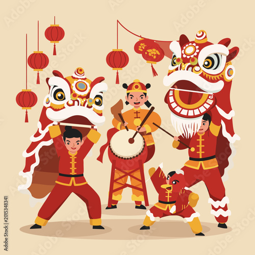 Vibrant illustration of a traditional Chinese New Year lion dance performance with musicians and festive lanterns.