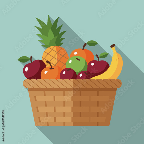 A woven basket overflowing with a vibrant assortment of fresh fruits, including apples, oranges, a pineapple, and bananas, set against a teal background with a long shadow.
