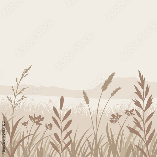 Silhouettes of various wild grasses and flowers with distant hills in a monochromatic beige landscape.