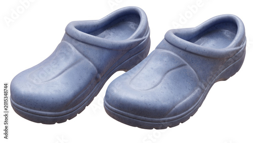 Blue rubber clogs isolated on transparent, white. Beach shoes, footwear, 3d 