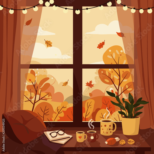 Cozy autumn window view with falling leaves, hot drinks, and a book on the sill.