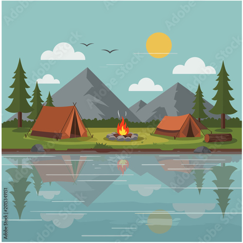 A serene flat illustration of a lakeside camping scene with two tents, a campfire, pine trees, mountains, and a reflection in the water under a sunny sky.