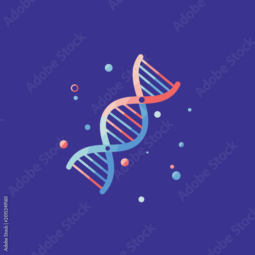 Vibrant illustration of a DNA double helix structure with colorful gradients and floating particles on a dark blue background.