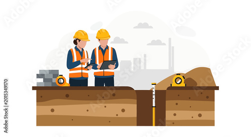 Construction workers examining blueprints at a site.