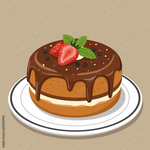 A delicious round chocolate cake with fresh strawberries and mint leaves on top, served on a white plate.