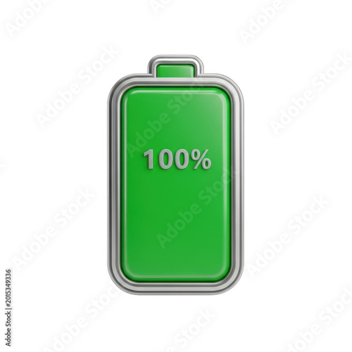 Fully charged battery icon 3d render with 100 percent display on transparent background
