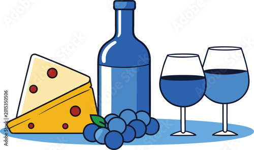 Obraz na płótnie Bottle of red wine with two glasses cheese and grapes on table for celebration