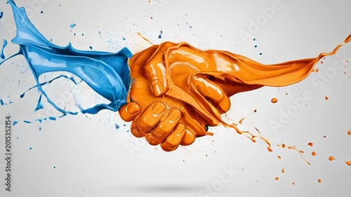 A vibrant vector illustration of a colorful water splash forming a symbolic handshake between two business hands against a dark black background