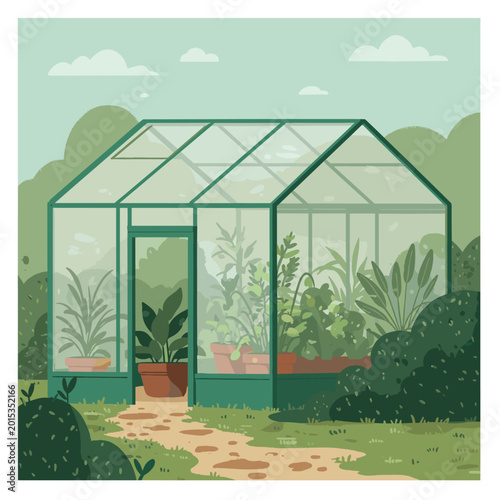 A vibrant illustration of a greenhouse filled with various plants, surrounded by lush garden foliage and a winding path under a cloudy sky.