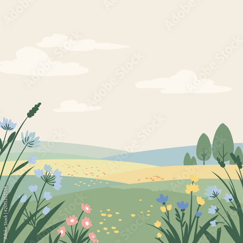 A serene and colorful illustrated landscape with wildflowers in the foreground, rolling hills, and a cloudy sky.