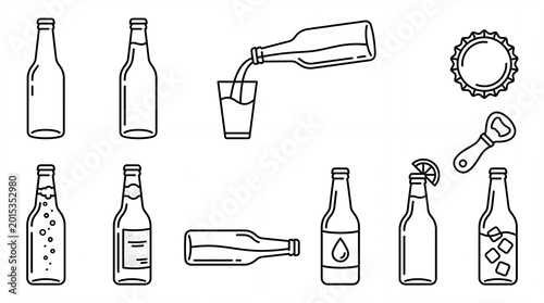 Beverage Bottles and Drink Accessories Line Icons Vector Set